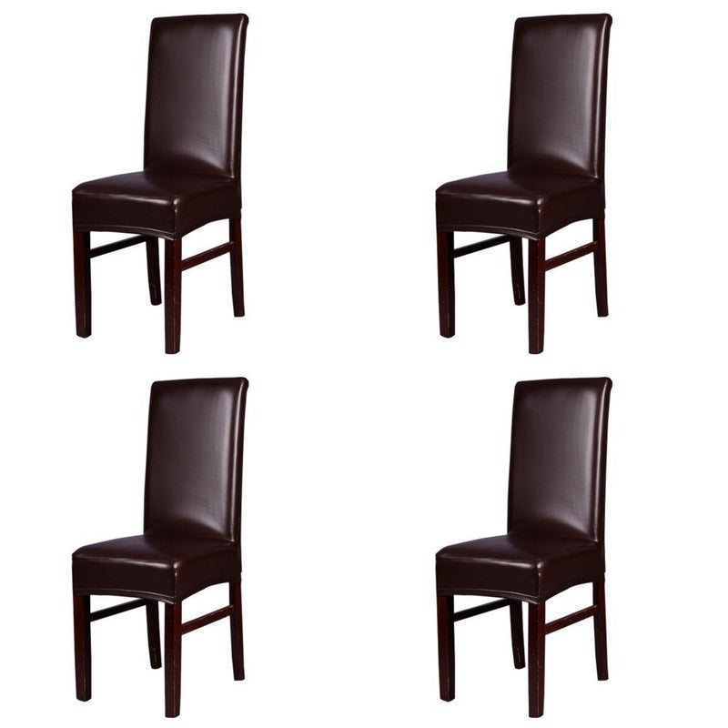 FLYPARTY Stretch Solid Pu Leather Waterproof Dining Chair Cover Slipcover Removable Washable Short Dining Chair Cover Protector Seat Solid Slipcovers for Hotel,Dining Room,Wedding (Brown, 4) - Image 1